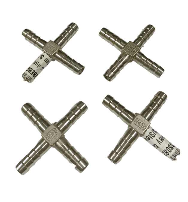 Brass 4way Barb 10mm Stainless Steel