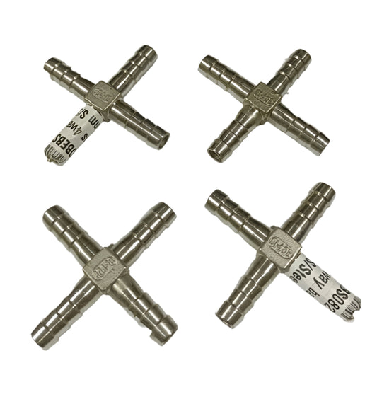 Brass 4way Barb 10mm Stainless Steel
