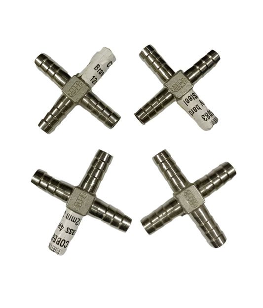 Brass 4way Barb 12mm Stainless Steel