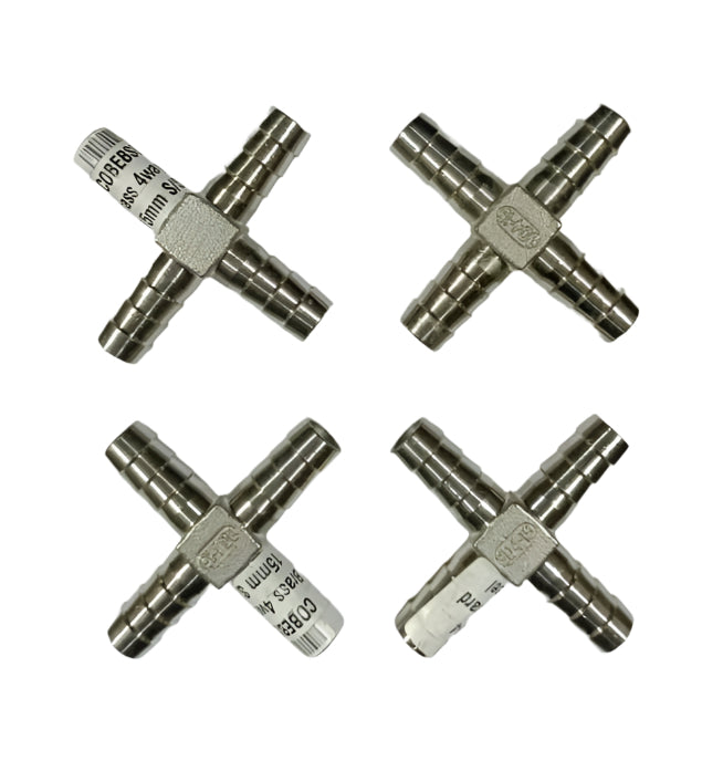 Brass 4way Barb 15mm Stainless Steel