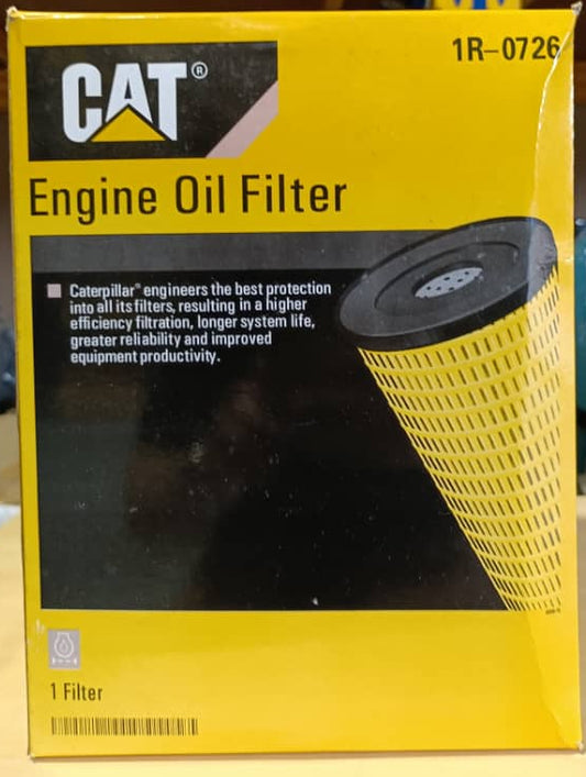 Yellow box of Caterpillar engine oil filter in a warehouse setting